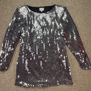 Vintage Datiani Silver Sequin Long Sleeve Mini Dress Size 8 Party Disco‎ USA EUC